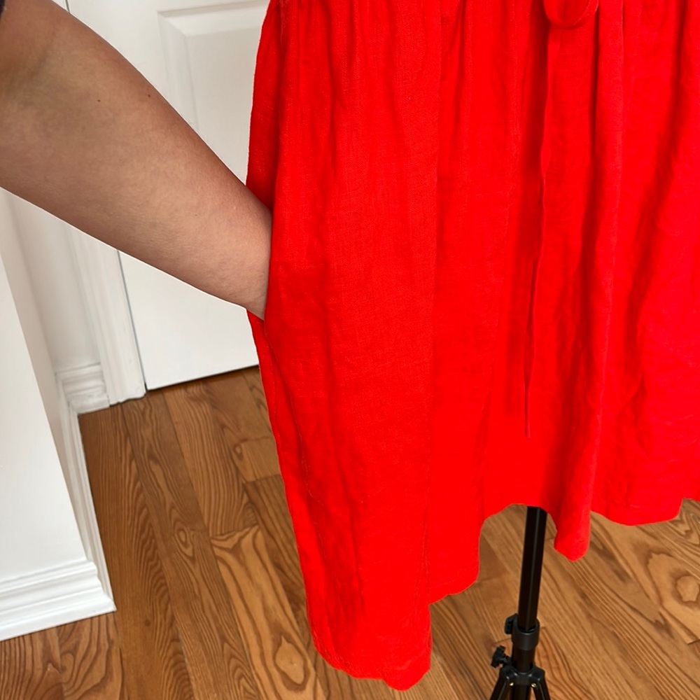 100% linen handmade red button front short sleeve cinch waist mini dress XS - Picture 5 of 9